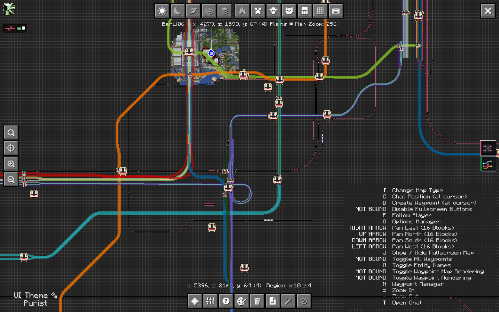Real JourneyMap fullscreen screenshot showing MTR routes, rails and map landmarks.