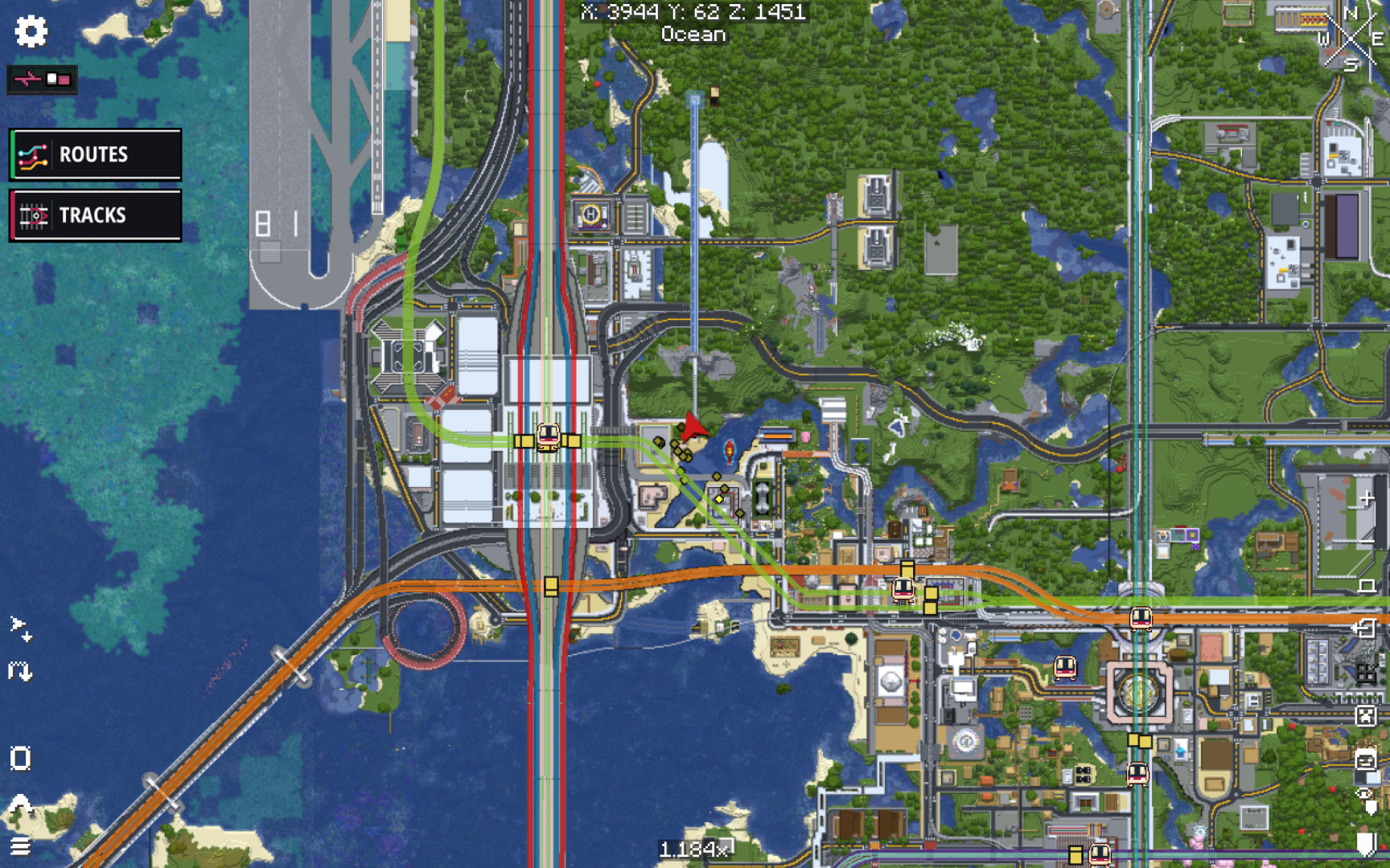 Real Minecraft screenshot of Xaero’s World Map with the MTR route overlay enabled.